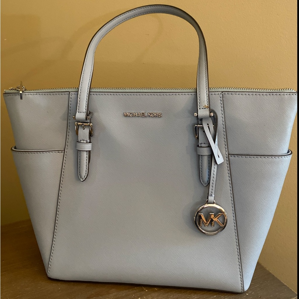 Michael Kors Charlotte Medium Large Zip Tote Shoulder Bag Pale Blue NWT Leather